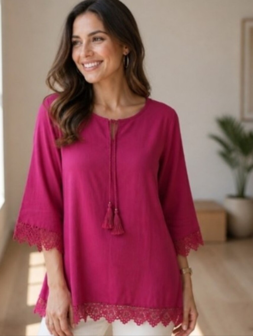 Womens Fuchsia Lace-Trim Peasant Top - Unbranded